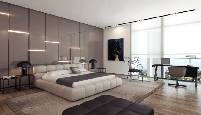 Gray gloss panels provide a soothing backdrop in this sleep space, and part to reveal soft mood lighting here and therejust enough to light a cozy evening.