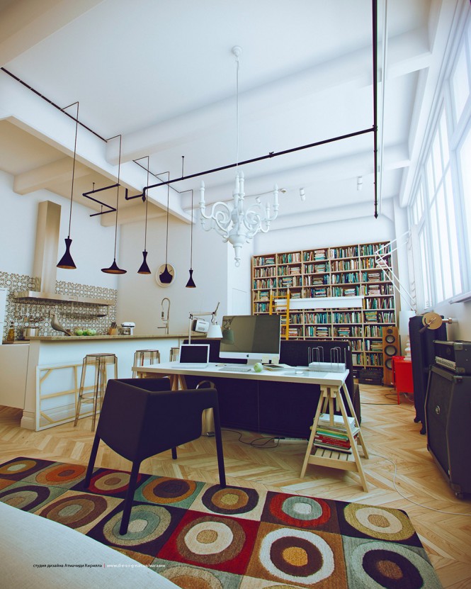 Books color the scene in this home library backed open space, along with a complimenting rug.