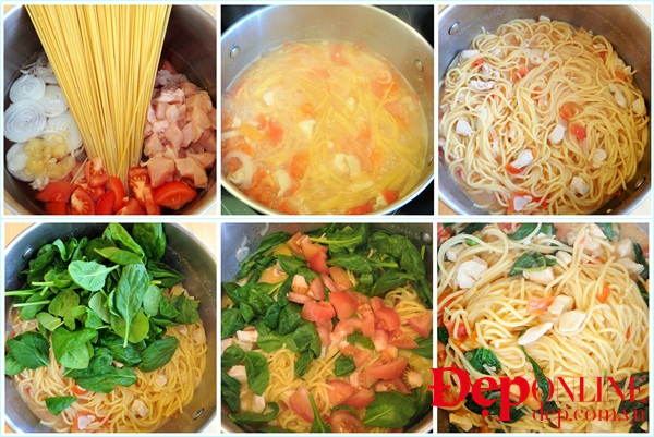 mì spaghetti, mì spaghetti sốt thịt gà và cải bó xôi, cách nấu mỳ ý nhanh, món ăn nhanh gọn, bữa sáng, bữa tối