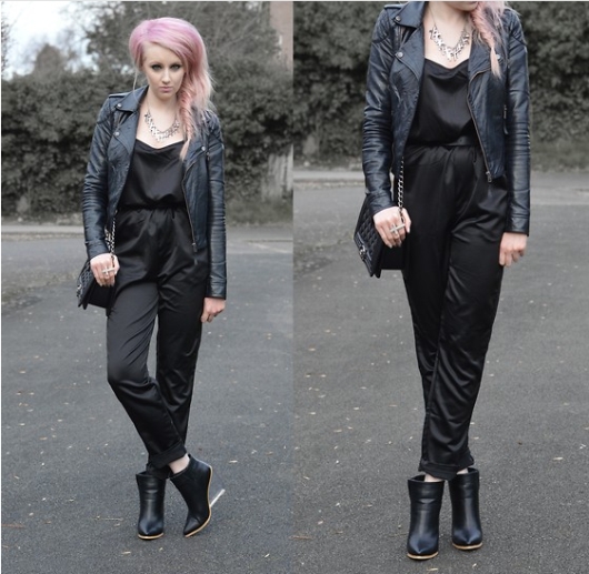 jumpsuit, black on black, wedge boots, jacket da, túi đeo sợi xích