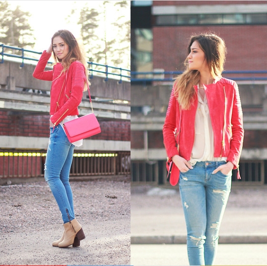 sơ mi voan trắng, tà trong tà ngoài, quần jeans, biker jacket, ankle boots