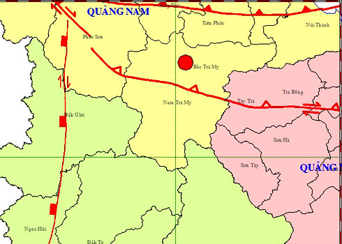 Bản đồ tâm chấn trận động đất với cường độ 4,6 độ ritcher xảy ra ở khu vực thủy điện Sông Tranh 2 vào đêm qua. Ảnh: Viện Vật lý địa cầu.