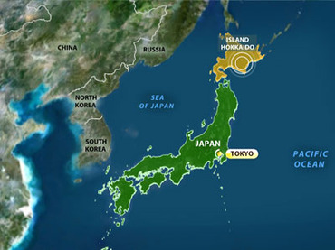 Bản đồ thể hiện điểm xảy ra động đất ở Hokkaido, đông bắc Nhật Bản.