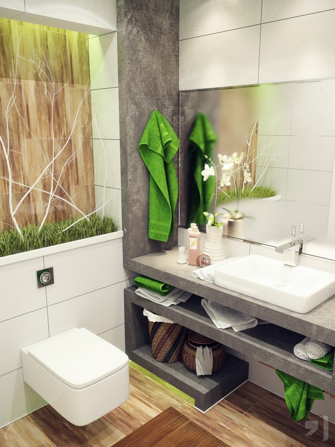 Introducing a splash of nature into a tiny washroom is a superb way to encourage a feeling of open and airy space. A zing of bright green against a clean white and earthy slate gray backdrop works wonders, with just a splash of wood tone thrown in for warmth and texture.