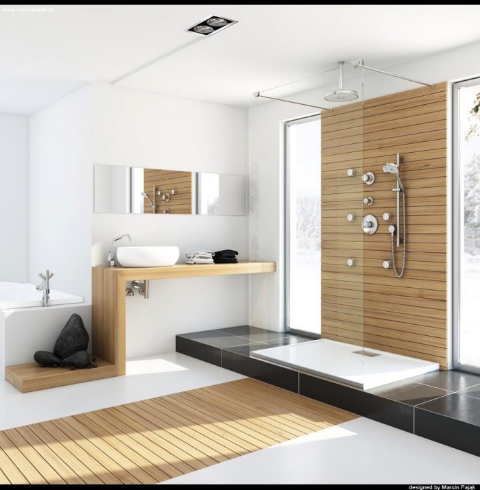Modern bathroom with unfinished wood