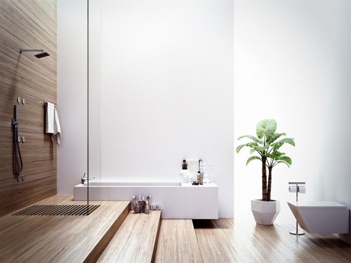This minimalist bathroom has an Asian appeal which feels organic and natural. White walls paired with bamboo shower backdrop and flooring make for a calm, relaxing bath experience.
