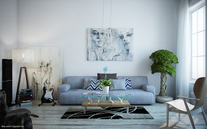 This artist's loft uses many shades of grey in the most beautiful of ways: the weathered grey wood floor, the modern artwork, the blue-grey sofa and the slightest hint of grey undertones on the walls.