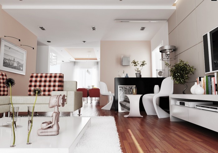 The softest whisper of pink gives this sophisticated city living space a warm glow complimented by the shading in the cherry wood floor. While the modern Panton chairs and table add shape and movement to the room.