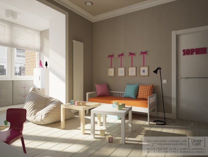 The colors in the child's bedroom were kept neutral so they could be adaptable to a boy or girl.