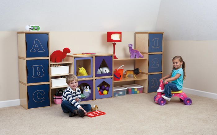 A perfectplay room.com Clean palette natural wood and navy storage units