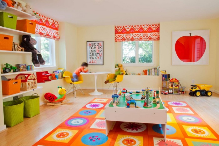 Geometric and floral mat in brightly colored child's playroom