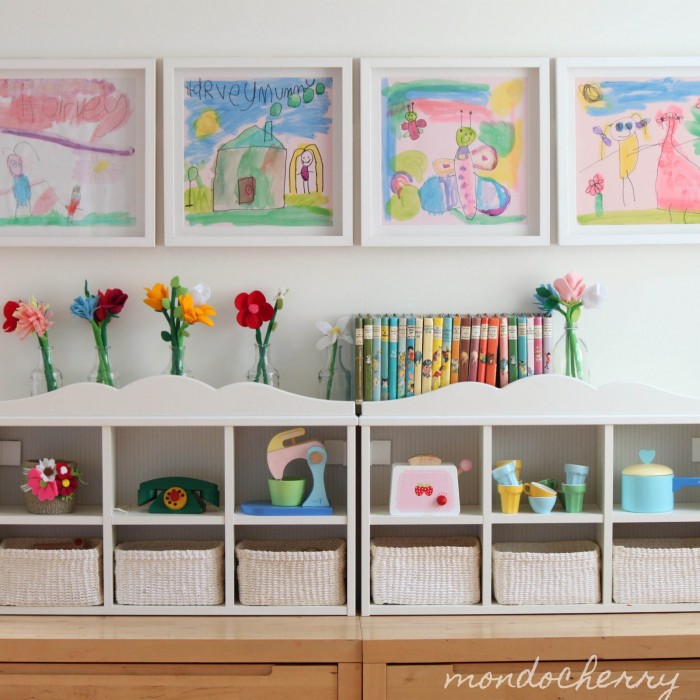Mondocherry Whitewash Child's room storage colorful prints and pop flowers