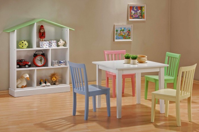 contrasting pastel chairs with white table and natural walls