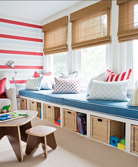 nautical style child's room with organic blinds and blue accents