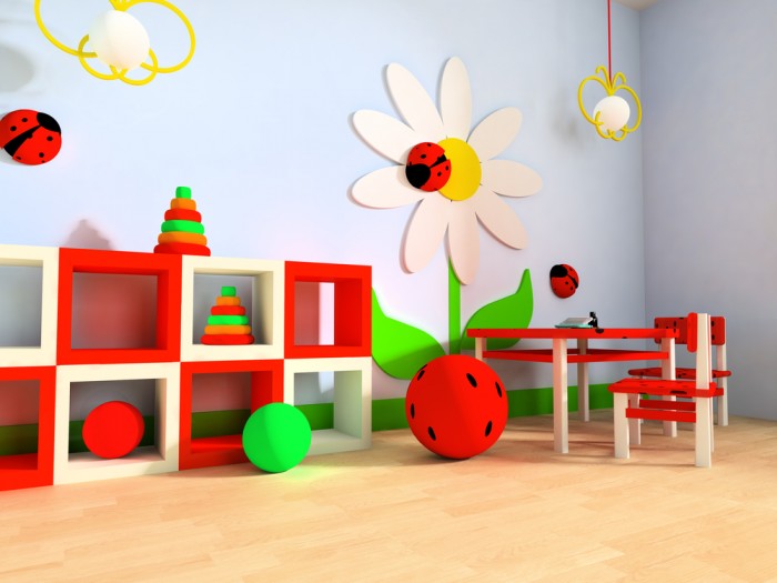 primary colored child's playroom clouds and flowers blonde wood flooring