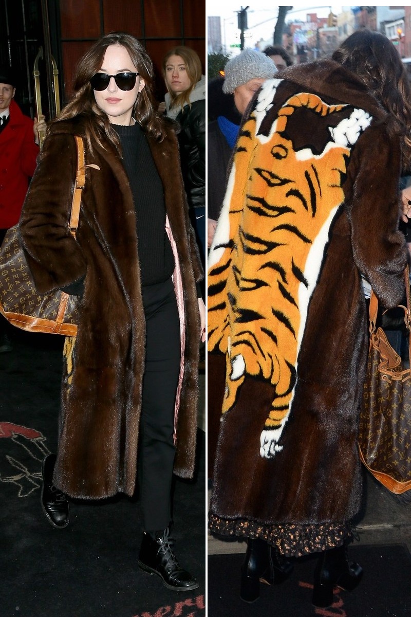 Đầu tháng 2/2017, Dakota Johnson thu hút nhiều sự chú ý khi xuống phố với chiếc áo lông dáng dài in hình hổ độc đáo của nhà mốt Gucci. Túi xách Louis Vuitton và đôi bốt buộc dây cá tính càng khiến set đồ của cô nàng thêm phần đẳng cấp.