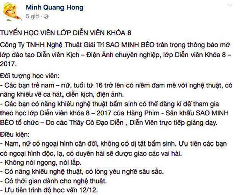 Thông tin chiêu sinh được Minh Béo đăng tải trên Facebook cá nhân, nay đã bị nhân vật xóa.