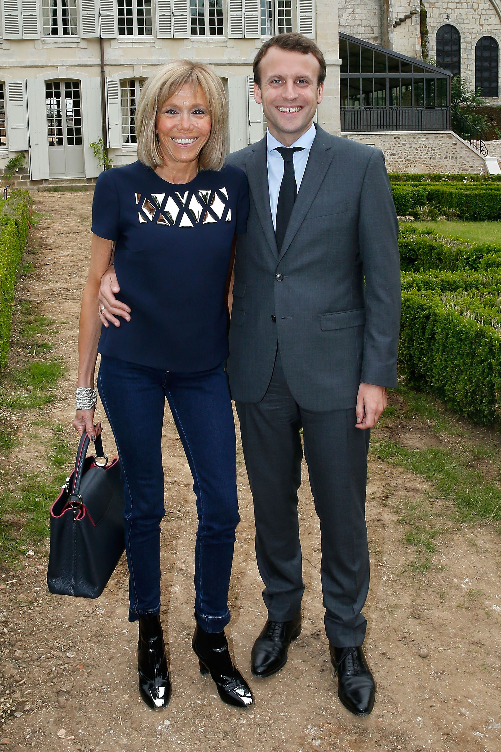 THIRON GARDAIS, FRANCE - JUNE 10: Brigitte Macron and Emanuel Macron attend the 'College Royal et Militaire de Thiron-Gardais' Exhibition Rooms Inauguration on June 10, 2016 in Thiron Gardais, France (Photo by Bertrand Rindoff Petroff/Getty Images)