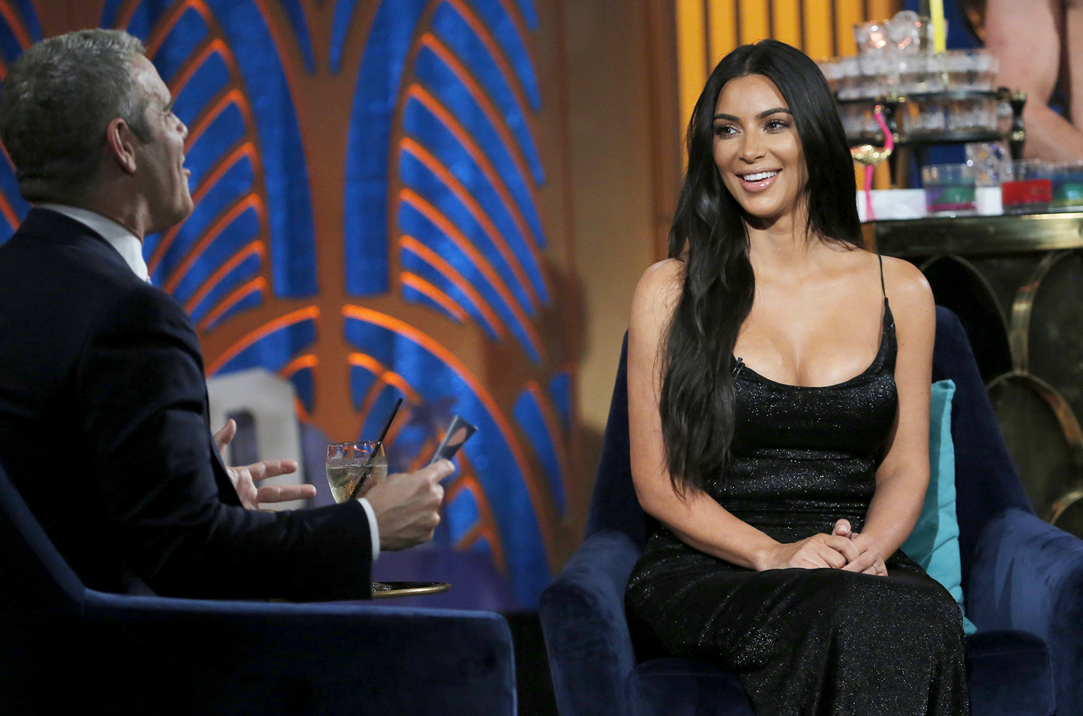WATCH WHAT HAPPENS LIVE WITH ANDY COHEN -- Episode 14097 -- Pictured: (l-r) Andy Cohen, Kim Kardashian -- (Photo by: Chris Haston/Bravo/NBCU Photo Bank via Getty Images)