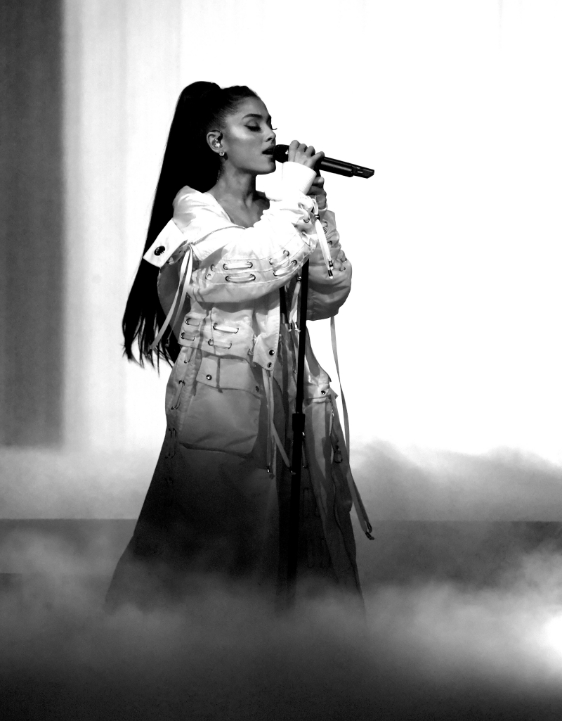 PHOENIX, AZ - FEBRUARY 03: (EXCLUSIVE COVERAGE) (EDITORS NOTE: This image has been converted to black and white.) Ariana Grande performs on stage during the "Dangerous Woman" Tour Opener at Talking Stick Resort Arena on February 3, 2017 in Phoenix, Arizona. (Photo by Kevin Mazur/Getty Images for Live Nation)