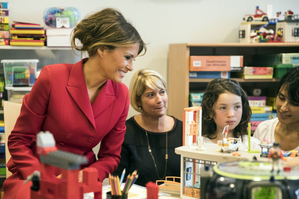 Mandatory Credit: Photo by ETIENNE LAURENT/EPA/REX/Shutterstock (8959595n) Melania Trump US First Lady Melania Trump visits sick children at the Necker Hospital in Paris, France - 13 Jul 2017 US First Lady Melania Trump visits sick children at the Necker Hospital in Paris, France, 13 July 2017. US President Donald J. Trump arrived in Paris on 13 July, after an invitation by French President Emmanuel Macron to attend the French National Day, Bastille Day, on 14 July.