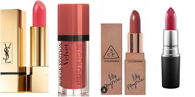 Từ trái qua: YSL Rouge Pur Couture (No.52) - Bourjoirs Rouge Edition Velvet (Peach Club 04) - 3CE LiLy Maymac (Holly Rose) - M.A.C (D for danger)