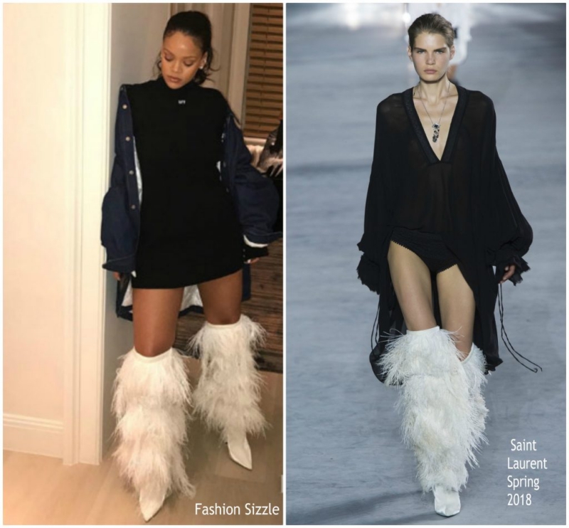 Rihanna tiếp tục dẫn đầu xu hướng khi nhanh tay sở hữu đôi boots lông đà điểu cực kỳ sành điệu trong BST Xuân Hè 2018 của Saint Laurent. 