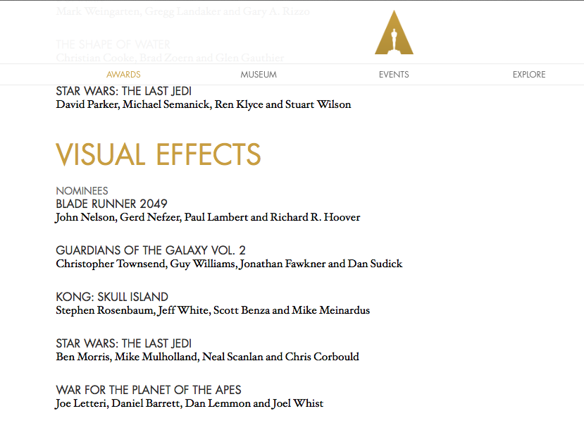 Danh sách đề cử hạng mục “Kỹ xảo xuất sắc nhất” trên trang web chính thức của Giải thưởng Oscar lần thứ 90