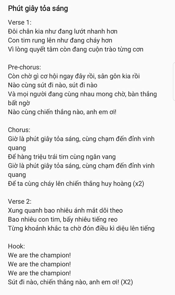 Lời ca khúc "Phút giây tỏa sáng" của Khắc Hưng. Bài hát vẫn đang trong phòng thu và đang được gấp rút hoàn thành để ra mắt.