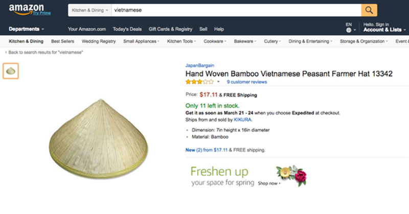 Mỗi chiếc nón lá được chào bán với giá 17,11USD (khoảng 370.000 đồng), cao gấp 10 lần so với giá bán 30.000/chiếc tại Việt Nam. 