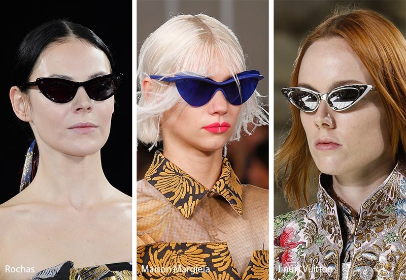 Xu hướng kính mắt mèo mang phong cách viễn tưởng trong các BST Xuân Hè 2018 của Rochas, Maison Margiela và Louis Vuitton (từ trái qua).