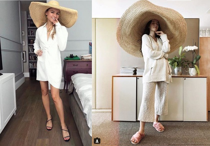 Blogger, stylist Katya Gousset (bên phải) lại thể hiện sự phóng khoáng khi phối chiếc mũ vành cực rộng này với trang phục trang phục casual. 