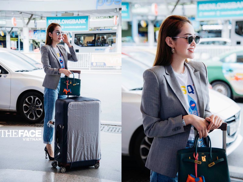 Minh Hằng "cẩn thận" hơn khi đã khoác sẵn áo blazer từ sân bay Tân Sơn Nhất. Chiếc túi Birkin nhỏ xinh của Hermès là lựa chọn hành lý xách tay hoàn hảo cho cô trong chuyến đi công tác lần này.