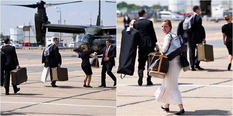 Tháp tùng sau đó là loạt túi xách, vali đến từ thương hiệu "sang chảnh" Louis Vuitton được mang theo bởi các nhân viên trợ lý của phu nhân và Tổng thống Mỹ.