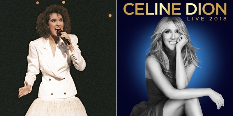 Hình ảnh của Celine Dion khi mới được công chúng biết đến trong những năm đầu thập niên 80 (trái) và hình ảnh quảng bá Celine Dion Tour Live 2018 (phải) chứng minh nhan sắc "không tuổi" của nữ diva.