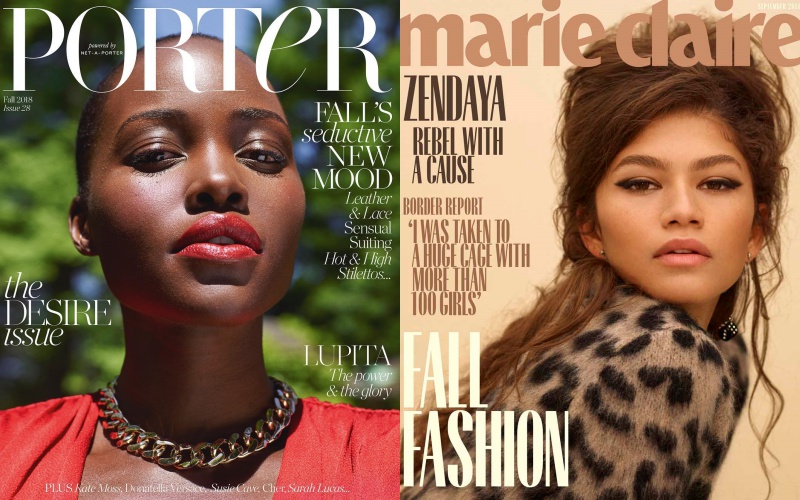 Lupita Nyong’o trên tạp chí Porter (trái) và Zendaya trên tờ Marie Claire