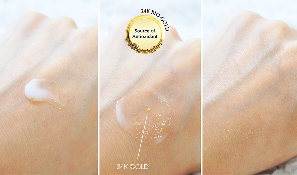 Tinh chất vàng 24K có tính năng động với khả năng thẩm thấu sâu, giúp da chống oxy hóa cải thiện màu da làm da bừng sáng.