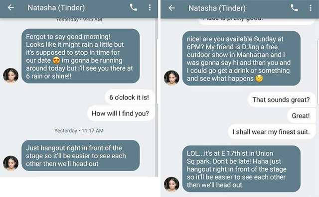 Nội dung tin nhắn rủ đi hẹn hò của Natasha Aponte gửi đến hàng trăm người đàn ông đều giống nhau.