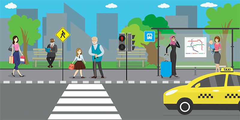 City street and road,public transport stop,different people go and stand,urban life concept,outdoor flat vector illustration.