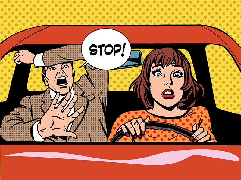 woman driver driving school panic calm retro style pop art. Car and transport