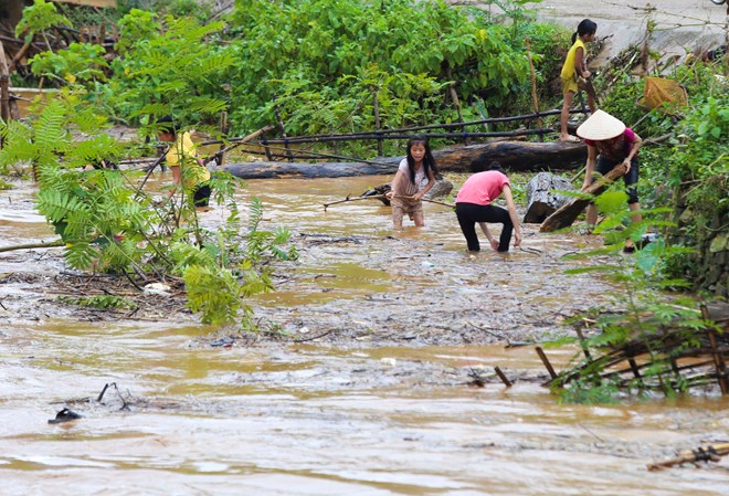Trẻ em vẫn liều mình vớt củi trên dòng nước lũ ở Điện Biên