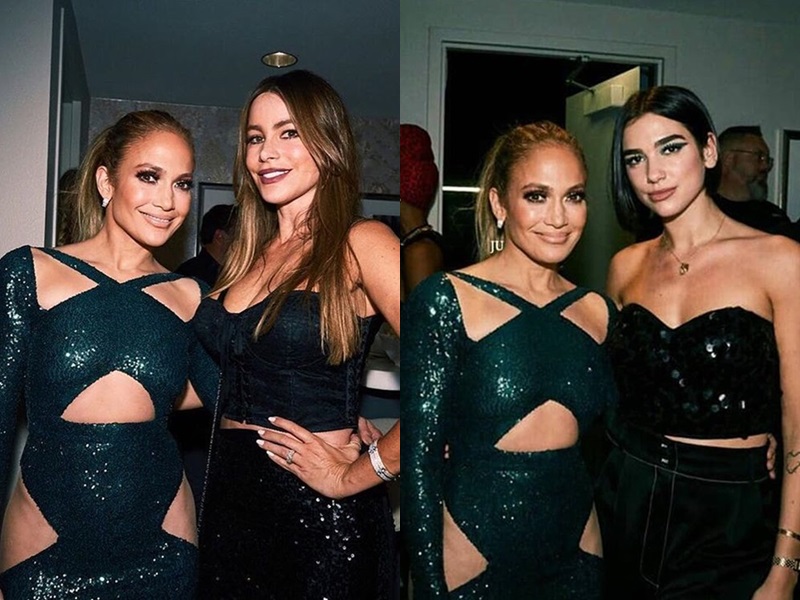 Jennifer Lopez (trái) diện một bộ váy liền với đường cut-out dứt khoát ở phần hông, ngực tạo ra những khoảng hở hút mắt.