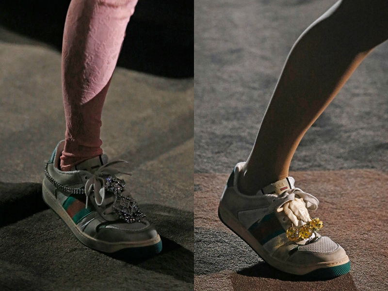 Dĩ nhiên không thể thiếu những đôi giày sneakers trong các BST của Gucci. Những đôi giày mang sọc Web xanh đỏ được trang hoàng bởi những viên đá lấp lánh. 