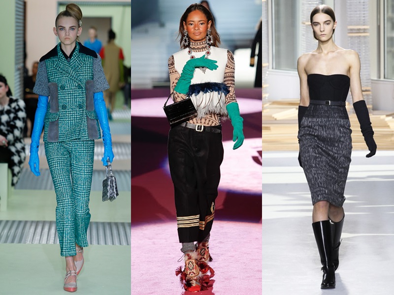 Vốn dĩ từ trước đến nay, găng tay luôn được ưu ái xuất hiện trong cả những BST ready-to-wear lẫn haute couture của các nhà mốt nổi tiếng như (từ trái qua) Prada, DSquared2, Boss,...