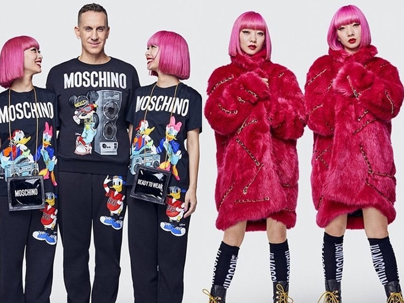 Hình ảnh của NTK Jeremy Scott diện các thiết kế trong BST Moschino [tv] H&M bên cạnh đôi chị em fashionista nổi tiếng là Ami và Aya Suzuki.