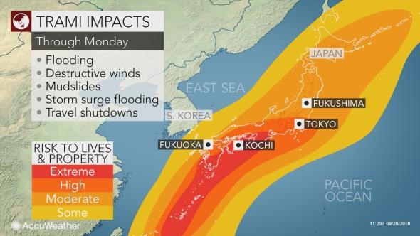 Bão Trami tràn vào Nhật Bản gây mất điện, đình trệ giao thông
