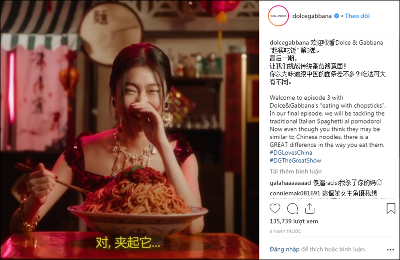 Tổng cộng có 3 video quảng bá của D&G sử dụng câu chuyện về cách dùng đũa trong bữa ăn của người Trung Quốc với tiêu đề mà thương hiệu này lựa chọn là "Eating with Chopsticks" (Ăn bằng đũa).