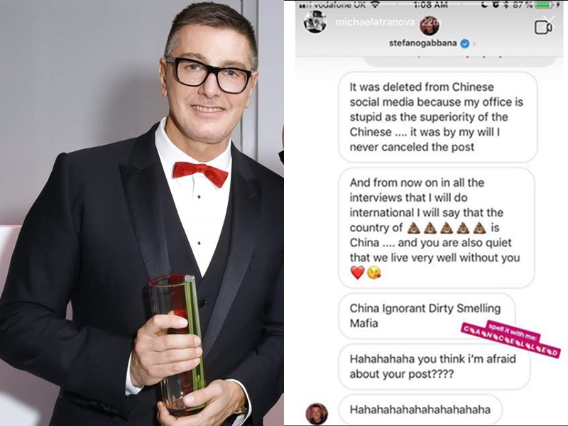 Giữa tâm bão dư luận, một đoạn tin nhắn từ Giám đốc Sáng tạo của D&G là Stefano Gabbana càng khiến cư dân mạng phẫn nộ. Trong đó, Stefano có bày tỏ quan điểm khiếm nhã khi dùng lời lẽ thô thiển để nói về Trung Quốc và cho rằng "Không có Trung Quốc thì thương hiệu của tôi vẫn sống khỏe".