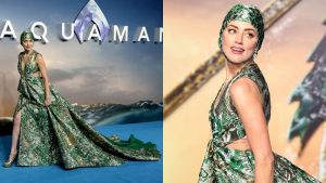 Amber Heard đội mũ bơi couture trên thảm xanh ra mắt phim “Aquaman” tại London