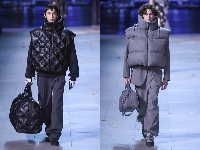 Đập vào mắt của khách mời còn là sự ấn tượng từ những thiết kế áo khoác phao với kích cỡ đồ sộ, cùng họa tiết là tên thương hiệu Louis Vuitton, đi kèm là các mẫu túi xách rất ton-sur-ton.